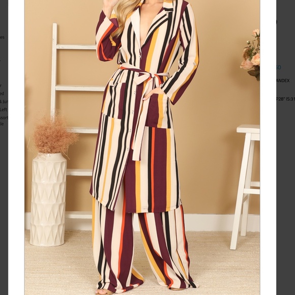 NWT Women's 2pc Stripe Collared Button Down Tie Waist Wide Leg Matching Suit - Picture 1 of 4